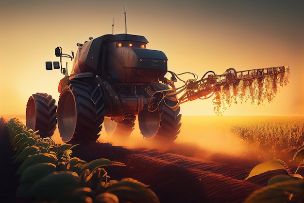 Illustration eines Traktors, der das Feld im Frühling bei Sonnenuntergang bewirtschaftet AI