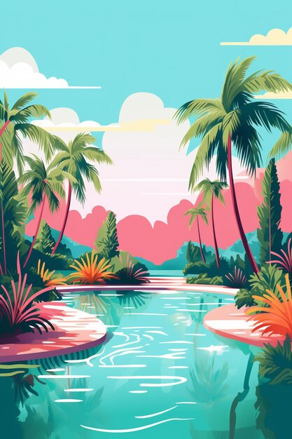 Illustration eines tropischen Flusses mit Palmen und einem rosa Himmel