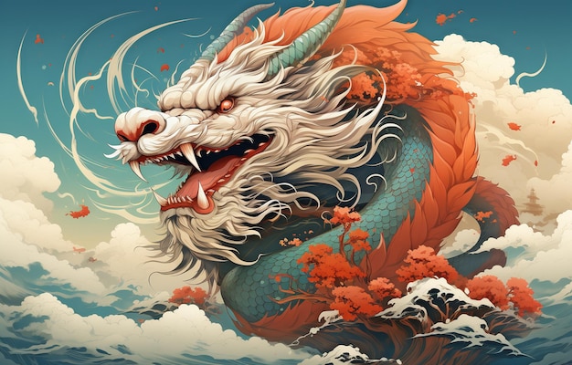 Illustration eines typischen chinesischen Drachen, der durch die Wolken fliegt. In der chinesischen Kultur und Legende ist dieser Drache berühmt.