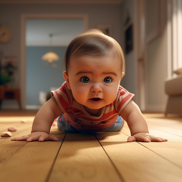 Illustration eines ultra-realistischen 4K-Bilds eines Babys, das auf dem Boden kriecht