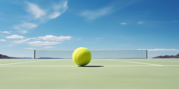 Illustration eines unberührten Tennisplatzes mit einem gelben Tennisball, der gerade serviert werden soll