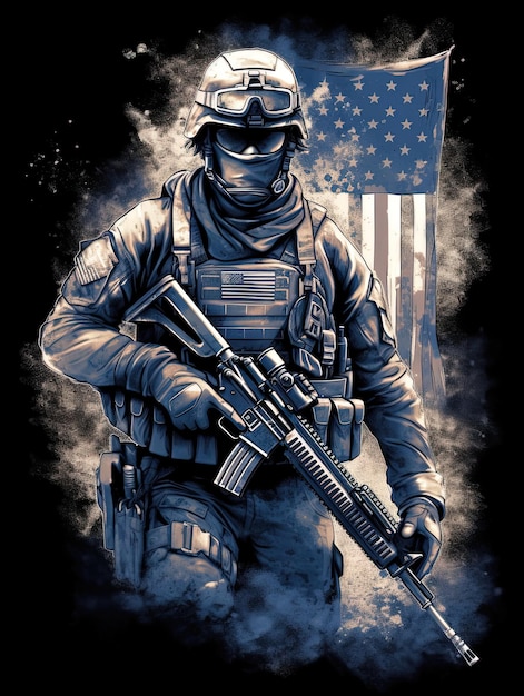 Illustration eines United States Navy Seal oder Marine mit der Flagge hinter Generative AI