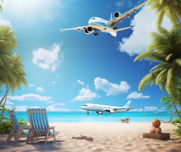 Illustration eines Urlaubs am tropischen Sonnenstrand und schönem Sand mit dem Flugzeug