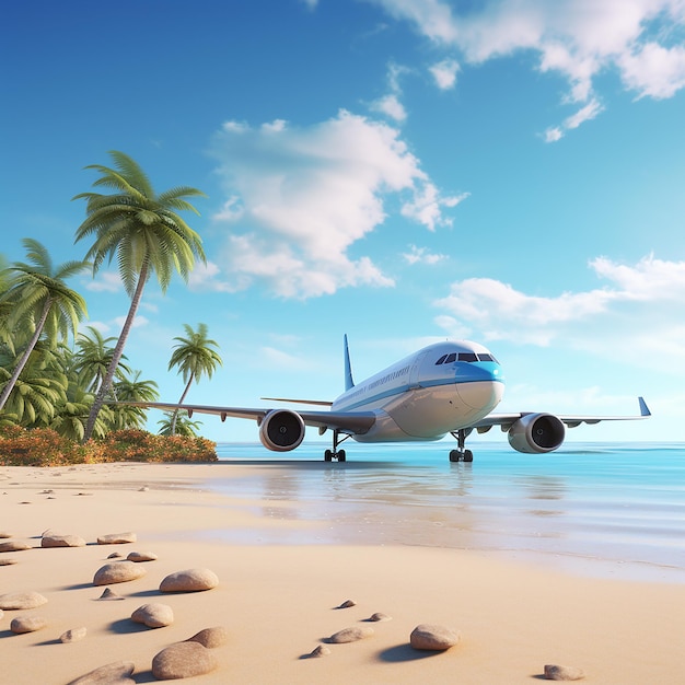 Illustration eines Urlaubs an einem tropischen, sonnigen Strand und wunderschönem Sand mit dem Flugzeug