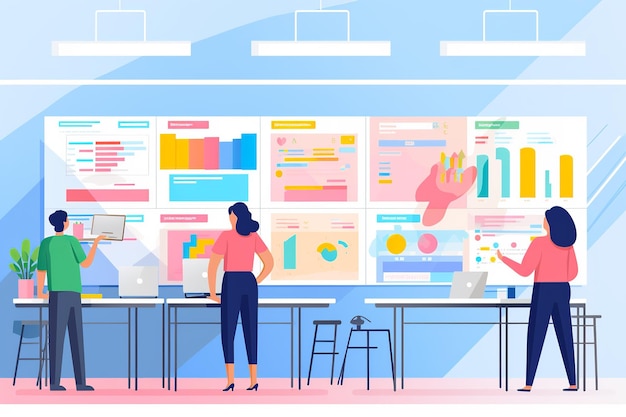 Illustration eines UX-Forschungsteams, das Benutzerdaten analysiert