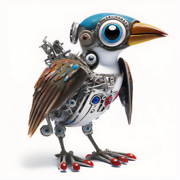Illustration eines Vogels, der sich in einen Roboter verwandelt, der auf Weiß aufsteigt