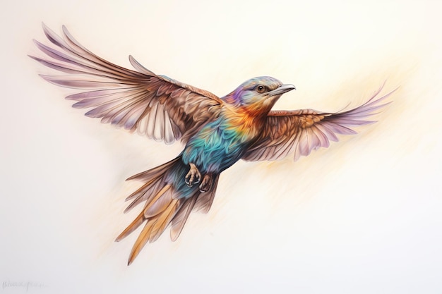Illustration eines Vogels im Flug, gezeichnet mit Buntstift. Seite Generative KI