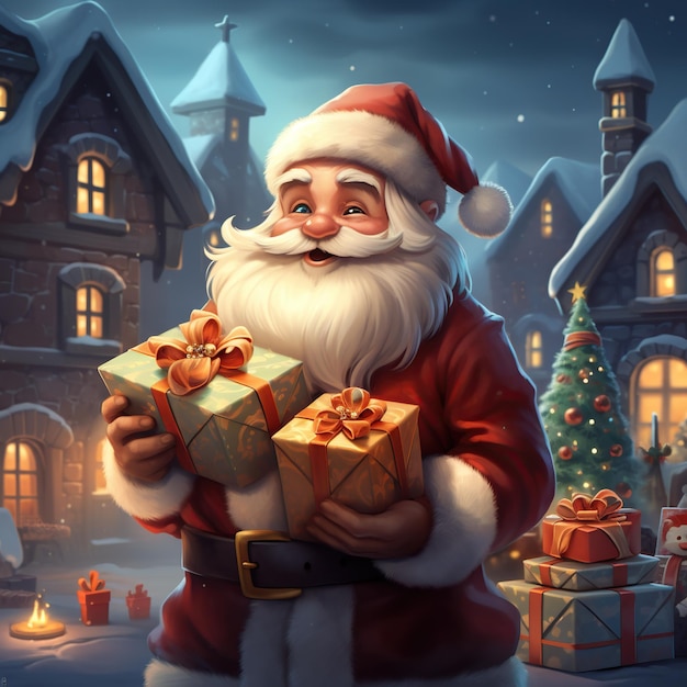 Illustration eines Weihnachtsmanns mit einem Weihnachten-Hintergrund, generiert von KI