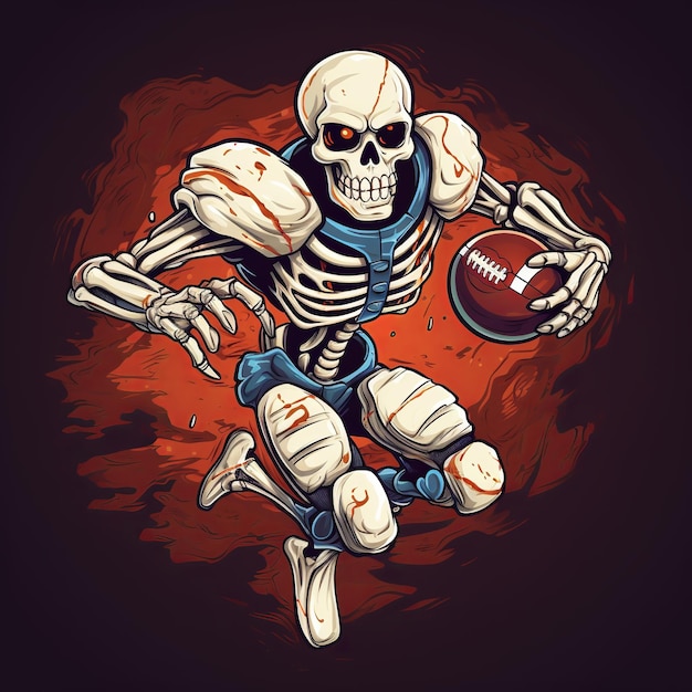 Foto illustration eines weißen skeletts, das intensiv american football spielt
