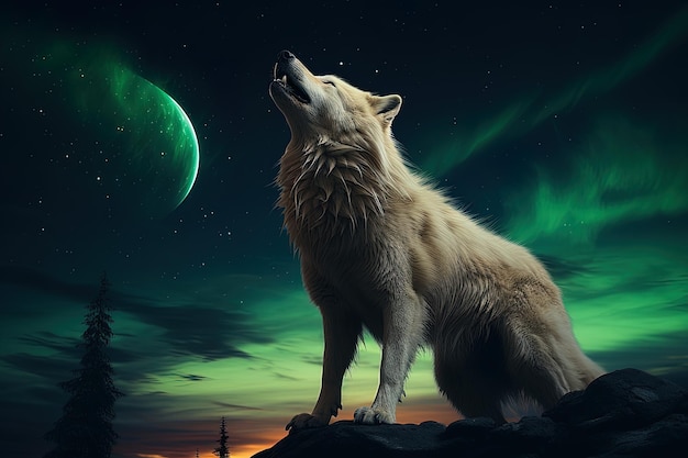 Illustration eines Wolfes, der die Aurora Borealis anheult. KI-Generativ