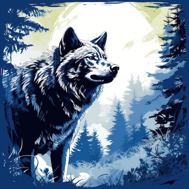 Illustration eines Wolfes um Mitternacht, flache Farbe Blau und Orange, KI-generiertes Bild