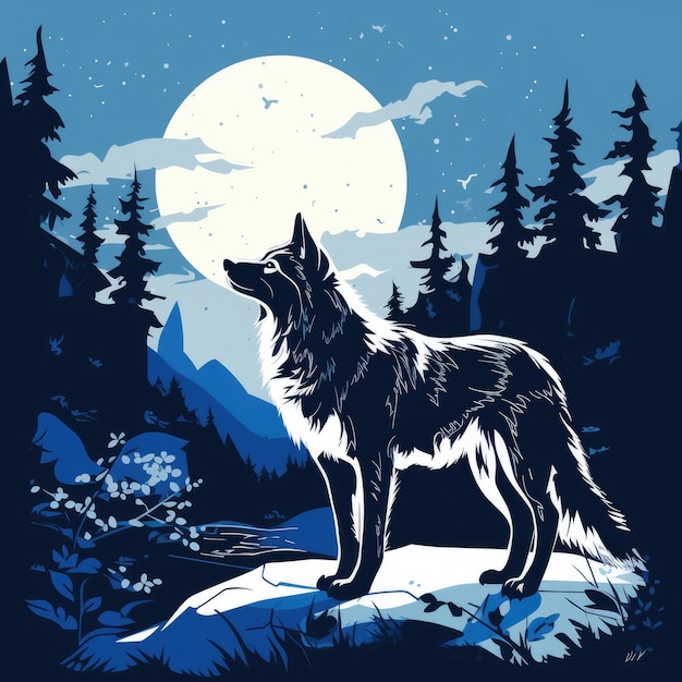 Illustration eines Wolfes um Mitternacht, flache Farbe Blau und Orange, KI-generiertes Bild