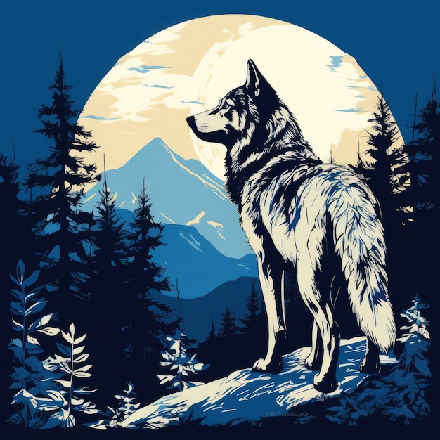 Illustration eines Wolfes um Mitternacht, flache Farbe Blau und Orange, KI-generiertes Bild