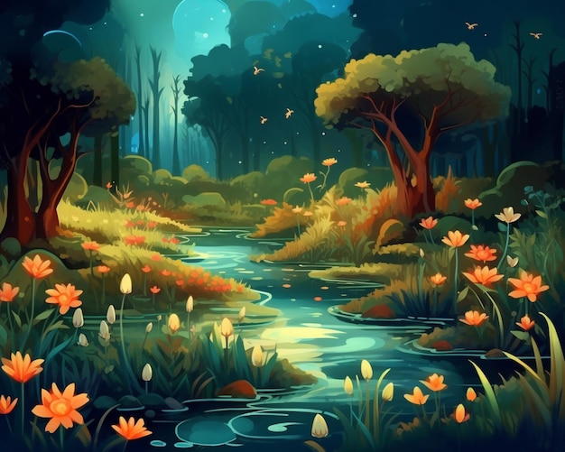 Illustration eines wunderschönen Waldes mit einem Fluss und generativen Blumen