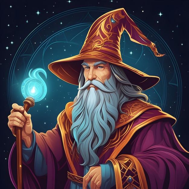 Illustration eines Zauberers mit einem Zauberstab auf dunklem Hintergrund
