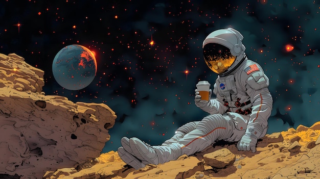 Illustration eines Zeichentrickfilm-Astronauten, der eine Tasse Kaffee im Weltraum trinkt