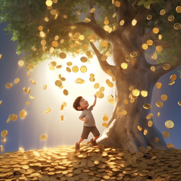 Foto illustration eines zeichentrickfilmjungen, der aus dem himmel fallende goldmünzen fängt ein haufen gold ein geldbaum o