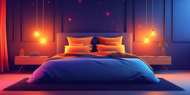 Illustration eines zeitgenössischen Betts mit Bettdecken und Nachtbeleuchtung
