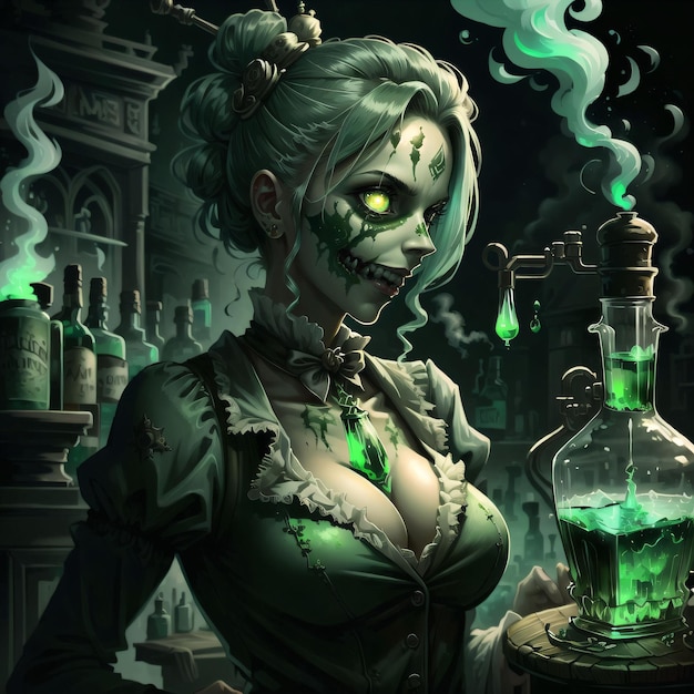 Illustration eines Zombies mit Alchemieflaschen mit kochender grüner Flüssigkeit