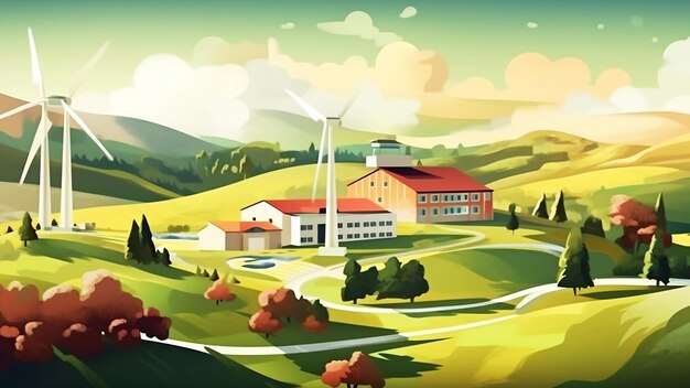 Illustration erneuerbarer Energien Windkraftanlagen im landwirtschaftlichen BereichGenerative KI