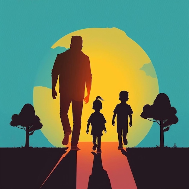 Illustration Familie geht Bäume Schatten und Sonnenuntergang Vater und Kinder