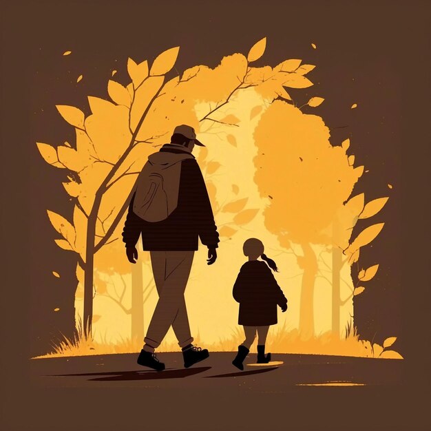 Illustration Familie geht Bäume Schatten und Sonnenuntergang