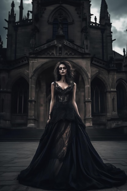 Foto illustration fantasy-mädchen-prinzessin in schönem kleid und magischem gotischen schloss im hintergrund generative ki-frau königin silhouette langer zugrock.