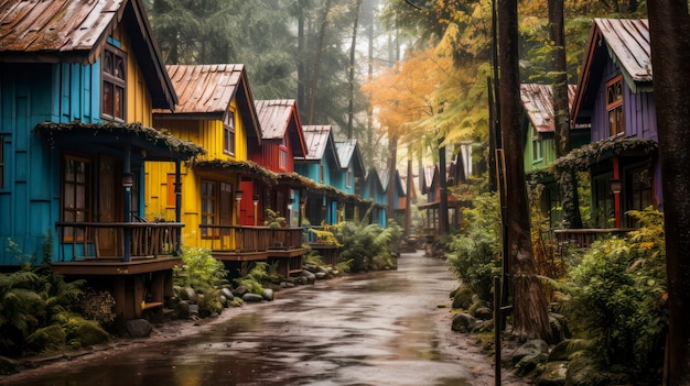 Illustration farbenfroher Bungalows im Herbstwald mit nasser Straße