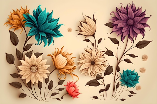 Illustration farbiger schöner Frühlingsblumen Generative AI 3