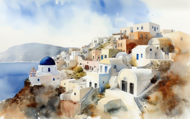 Illustration freihändiges Aquarellzeichnen und Malen von Santorini Griechenland Generative KI