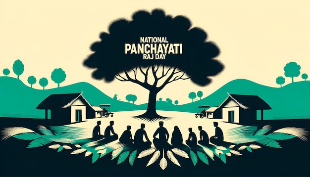 Foto illustration für den nationalen panchayati raj-tag mit einer silhouette einer gruppe von menschen unter einem baum