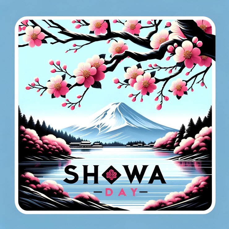 Foto illustration für den showa-tag mit einem mount fuji und kirschblütenbäumen