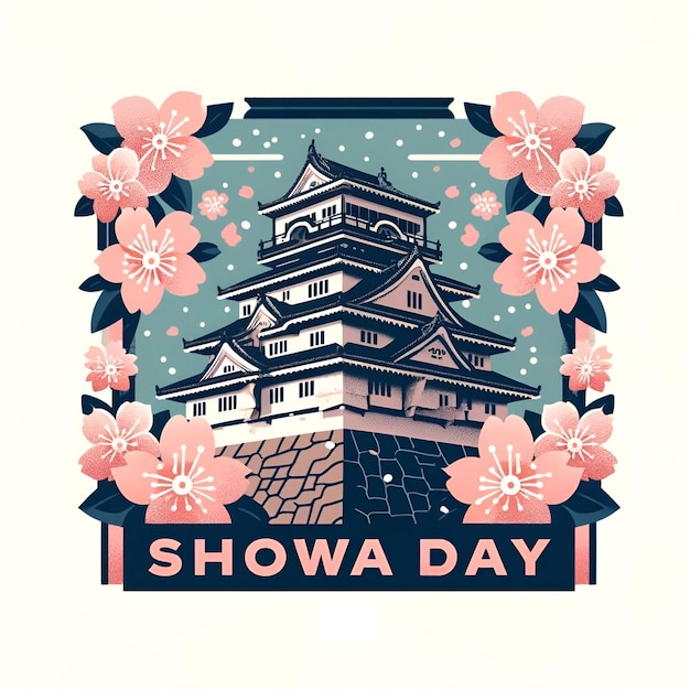 Illustration für den Showa-Tag mit einem Tempel und Kirschblütenbäumen