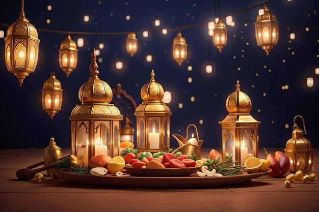 Foto illustration für die iftar-party bei eid mubarak, dem fest der lichter, design-karten, banner-poster, illustration von ramadan kareem mit laternen und goldenem mond