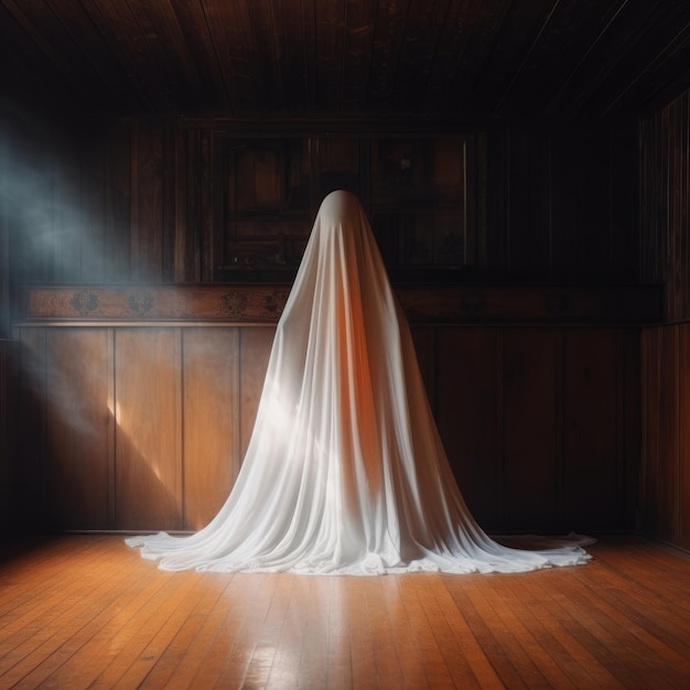 Illustration für Halloween Ein Geist in einem weißen Kostüm, der auf einem Holzboden im Stil der generativen KI in Hellorange und Dunkelgrau steht