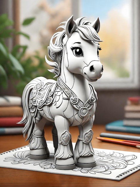 Illustration für Kinder zum Ausmalen über generative 3D-Pferde-KI