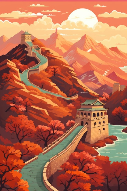 Illustration für Website-Landingpage in Pastellfarben Chinesische Landschaft Natur Generative Ai