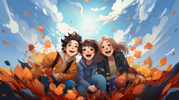 Illustration glücklicher Teenager, die sich im Herbstpark im Freien amüsieren