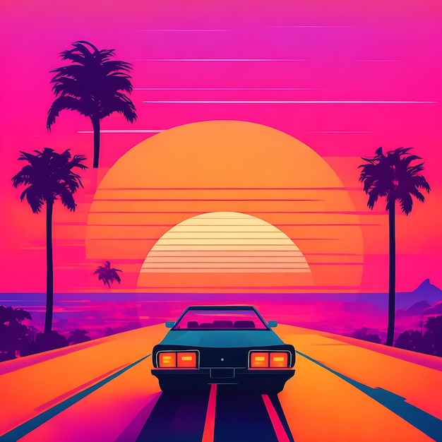 Illustration im 80er-Jahre-Stil mit einem Auto, das in den Sonnenuntergang fährt. Generative KI