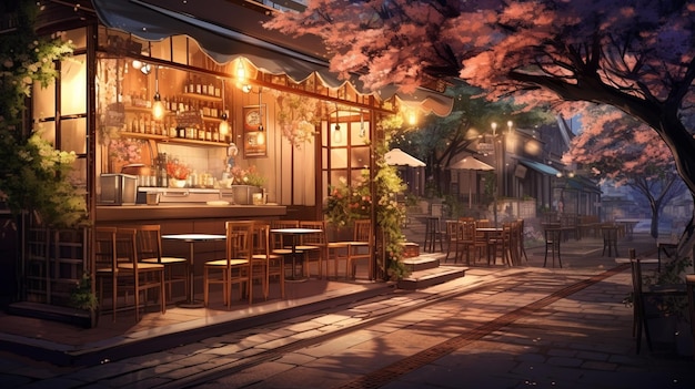 Illustration im Anime-Stil eines Restaurants mit Bar und Tischen, generative KI