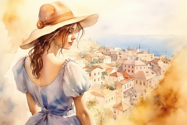 Illustration im Aquarellstil. Schönes Mädchen in Kleid und Hut, das von der Aussichtsplattform auf die wunderschöne Stadt am Meer herabblickt. Profilansicht: Reisen und generative KI