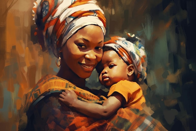 Illustration im malerischen Stil einer afrikanischen Mutter mit ihrem Baby, die ein freudiges und optimistisches Porträt darstellt. Generative KI