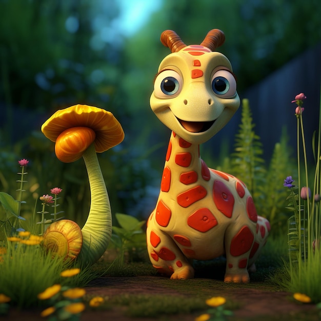 Illustration im Pixar-Stil: eine süße Giraffe und eine Schnecke zusammen