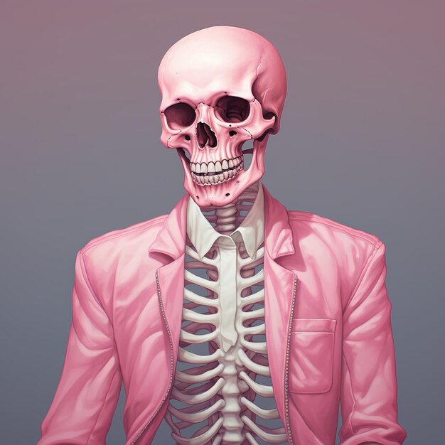 Illustration in Pastellfarben, eine Zeichnung eines Skeletts in einer rosa Jacke