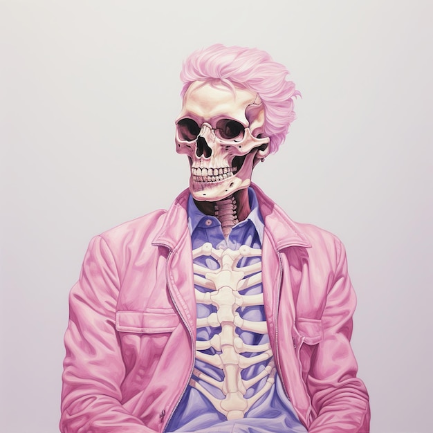 Illustration in Pastellfarben, eine Zeichnung eines Skeletts in einer rosa Jacke