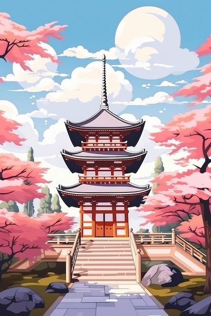 Illustration japanischer Tempel oder asiatische Pagode und Fuji-Berge im Hintergrund Generative ai