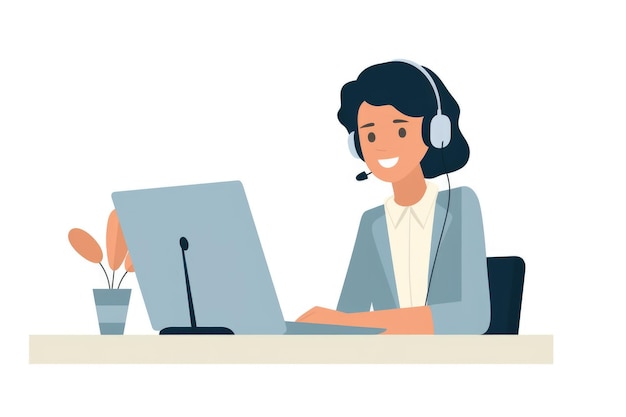 Illustration junger Kundendienstmitarbeiter arbeitet vor einem Computer minimalistisch auf einem weißen Hintergrund generative ai