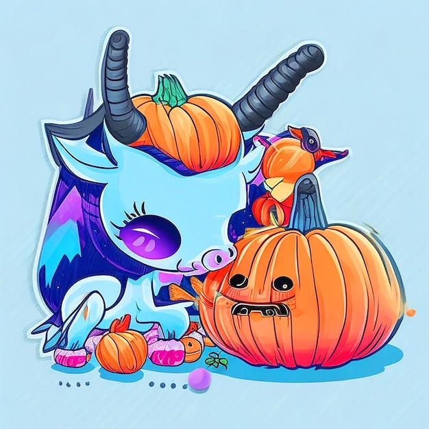 Foto illustration kawaii baby einhorn und hirsche spielen mit einem kleinen kürbisball halloween