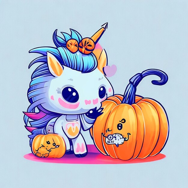 Illustration Kawaii Baby Einhorn und Hirsche spielen mit einem kleinen Kürbisball Halloween