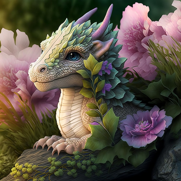 Illustration kleiner Drache sitzt mit Blumen Kindermärchen Generative KI